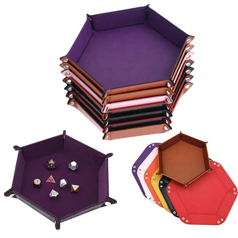 Folding Hexagon Dice Game Tray PU Leather & Velvet