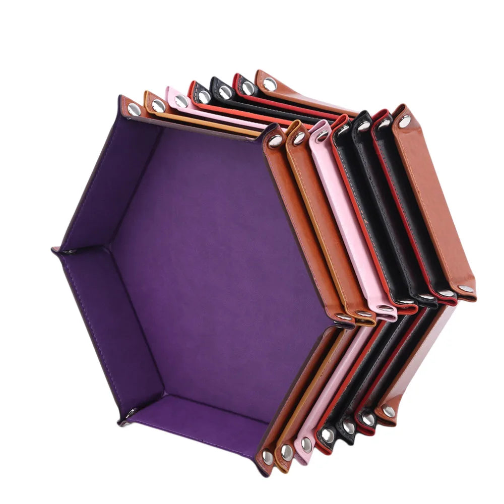 Folding Hexagon Dice Game Tray PU Leather & Velvet