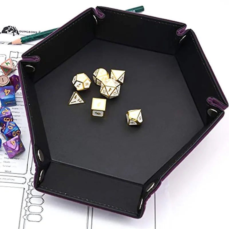 Folding Hexagon Dice Game Tray PU Leather & Velvet